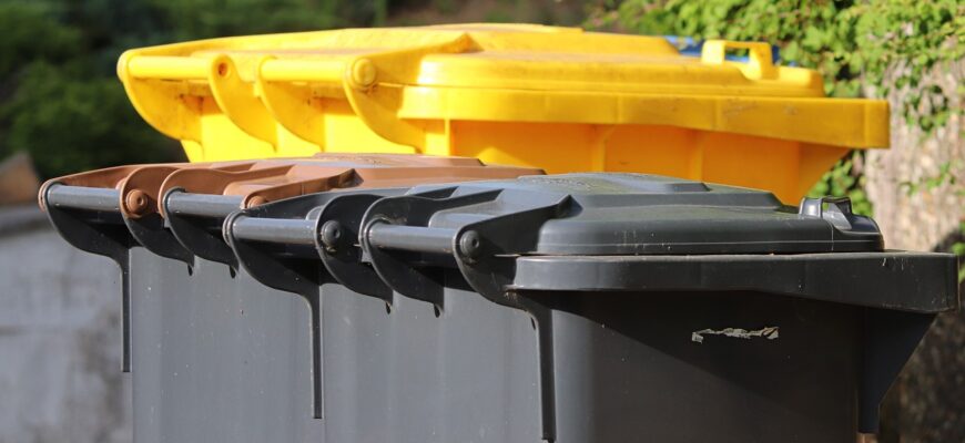 garbage cans, waste disposal, yellow bin