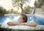 woman, blonde, young, the person, nice, swimming pool, nature, pool, the water, reflections, trees, out, the nature, grass